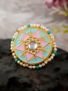 DASTOOR Gold-Plated Multi-Coloured Kundan-Studded Meenakari Finger Ring