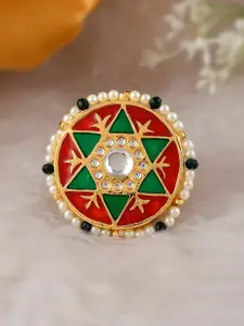 DASTOOR Women Gold-Plated White Kundan Studded Exclusive Meenakari Adjustable Ring