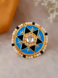 DASTOOR Women  Gold-Plated Blue Kundan-Studded Finger Ring