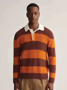 GANT Men Orange & Brown Striped Colourblocked Regular Fit Sweater