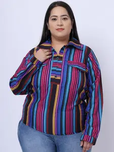 Flambeur Women Plus Size Multicoloured Striped Crepe Shirt Style Top