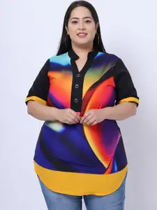 Flambeur Women Multicolored Printed Mandarin Collar Crepe Shirt Style Plus Size Top