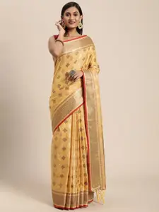 GAJARAI Yellow & Pink Ethnic Motifs Zari Silk Cotton Banarasi Saree