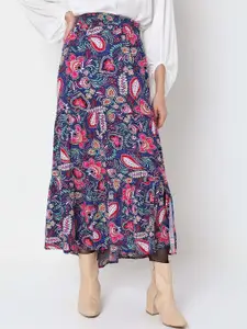 Vero Moda Blue & Pink Floral Printed A-Line Midi Flared Skirts