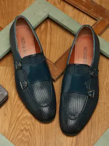 MUTAQINOTI Men Blue Textured Formal Monk Shoes