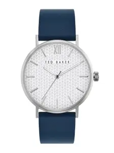 Ted Baker Men White Embellished Dial & Blue Leather Straps Analogue Watch