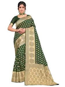 SARIYA Women Green & Gold-Toned Floral Zari Silk Blend Banarasi Saree