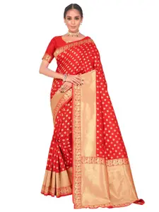 SARIYA Red & Gold-Toned Ethnic Motifs Zari Silk Blend Banarasi Saree