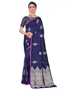 SARIYA Navy Blue & Pink Floral Zari Silk Blend Banarasi Saree With Blouse Piece