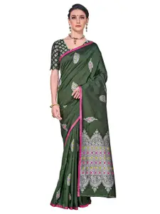 SARIYA Green & Silver-Toned Floral Zari Silk Blend Banarasi Saree