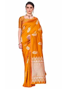 SARIYA Orange & Silver-Toned Floral Zari Silk Blend Banarasi Saree