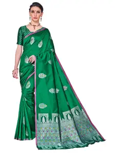 SARIYA Green & Silver-Toned Floral Silk Blend Banarasi Saree