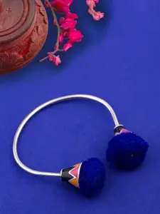 Voylla Women Silver-Toned & Blue Brass Silver-Plated Pom Pom Cuff Bracelet