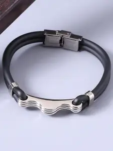 Dare by Voylla Men Silver-Toned & Black Leather Silver-Plated Wraparound Bracelet