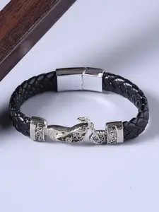 Dare by Voylla Men Silver-Toned & Black Leather Silver-Plated Kada Bracelet