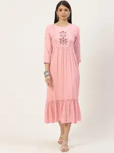 YELLOW CLOUD Peach-Coloured Ethnic Motifs Printed Pure Cotton Anarkali Ethnic Dress