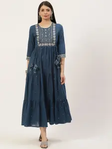 YELLOW CLOUD Teal Blue Ethnic Motifs Yoke Design Tiered Cotton A-Line Ethnic Dress