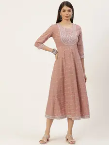 YELLOW CLOUD Dusty Pink Ethnic Motifs Printed Pure Cotton Anarkali Ethnic Dress