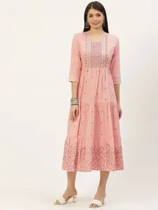 YELLOW CLOUD Peach-Coloured Ethnic Motifs Embroidered Tiered Cotton A-Line Ethnic Dress