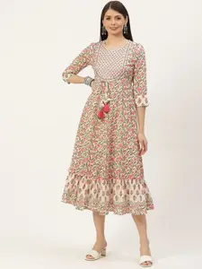 YELLOW CLOUD Cream-Coloured & Pink Ethnic Motifs Printed Pure Cotton Anarkali Ethnic Dress
