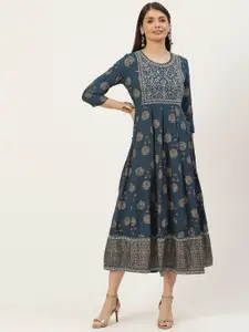 YELLOW CLOUD Teal Blue Ethnic Motifs Printed Anarkali Ethnic Dress