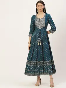YELLOW CLOUD Teal Blue & Golden Ethnic Motifs Printed  Anarkali Ethnic Dress