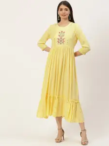 YELLOW CLOUD Yellow Ethnic Motifs Embroidered Yoke Design Tiered A-Line Ethnic Dress