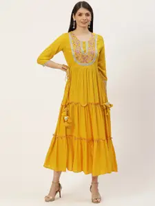 YELLOW CLOUD Mustard Yellow & Pink Ethnic Motifs Yoke Design Tiered Anarkali Ethnic Dress