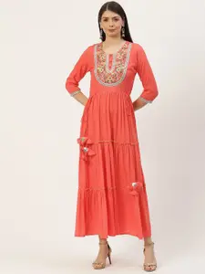 YELLOW CLOUD Coral Red Ethnic Motifs Embroidered Yoke Design Tiered A-Line Ethnic Dress