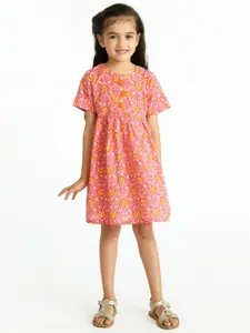 Campana Girls Short Sleeves Knee Length Fit and Flare Printed Cotton Dress