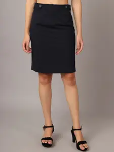 Crozo By Cantabil Women Navy Blue Solid Pencil Knee-Length Skirt