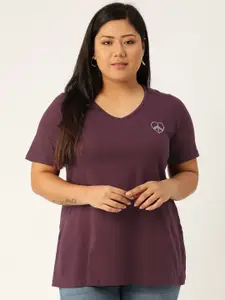 theRebelinme Women Purple V-Neck Plus Size Cotton  T-shirt