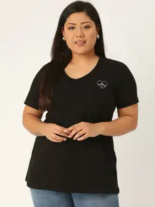 theRebelinme Women Black V-Neck  Plus Size Cotton T-shirt
