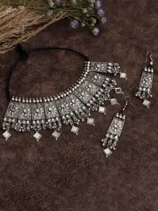 VENI Silver-Plated Oxidised Mirror Choker Necklace & Earrings Set
