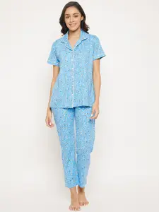 Camey Women Blue & White Printed Night suit
