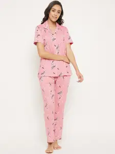 Camey Women Pink & Burgundy Printed Night Suit