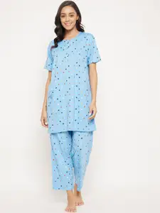 Camey Women Blue & Blue Printed Night suit