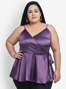 wild U Plus Size Women Purple Sheen Satin Wrap Top