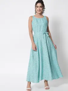 Yaadleen Turquoise Blue Floral Crepe Maxi Dress