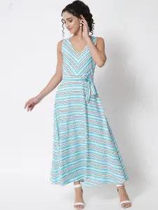 Yaadleen Turquoise Blue Striped Crepe Maxi Sleveless Dress