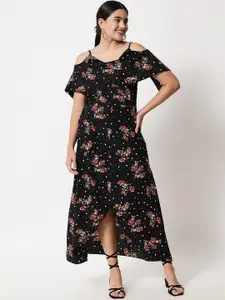 Yaadleen Black Floral Layered Crepe Maxi Dress