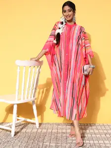 Inddus Women Pink Georgette Vacation Stripes Ethnic Dress