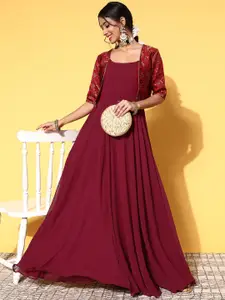 Inddus Women Charming Maroon Georgette Spaghetti Straps Ethnic Dress