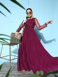 Inddus Women Elegant Burgundy Georgette Shimmer & Sequin Ethnic Dress