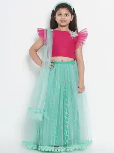Bitiya by Bhama Girls Sea Green & Pink Block Print Ready to Wear Lehenga & Blouse With Dupatta