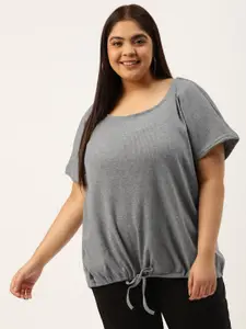 theRebelinme Plus Size Charcoal Grey Self Striped Blouson Top with Waist Tie-Ups