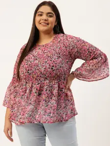 theRebelinme Plus Size Pink & Black Floral Print Smocked Georgette A-Line Top
