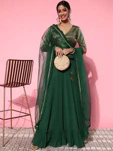 Inddus Gorgeous Green Woven Design Semi-Stitched Lehenga Choli with Dupatta