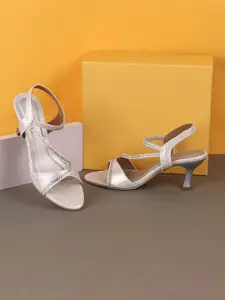 Metro Women Silver-Toned Kitten Heel Sandals