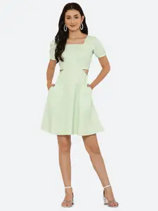 RAASSIO Women Green Polka Dot Print Size Cut Mini A-Line Dress